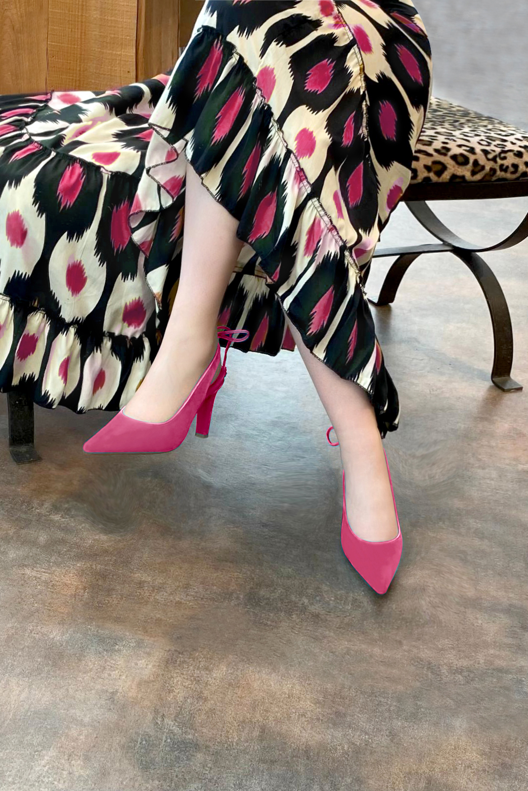 Fuschia pink women's slingback shoes. Pointed toe. High slim heel. Worn view - Florence KOOIJMAN